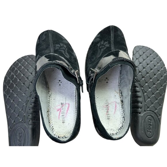 KLOGS Black Floral Leather Clogs Women's 7.5 Slip On Buckle Suede Arch Support - Picture 12 of 16